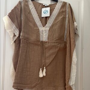 Infinity Raine Brown Cuffed Sleeve Tie Front Blouse